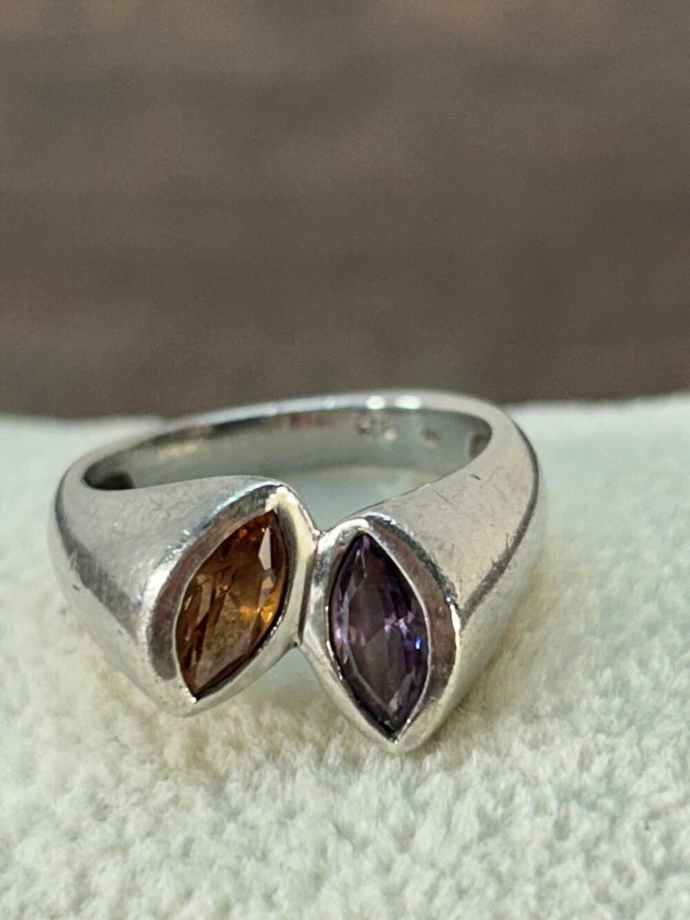 925 Sterling Silver Toi Et Moi Marquise Amethyst Citrine Bypass Ring
